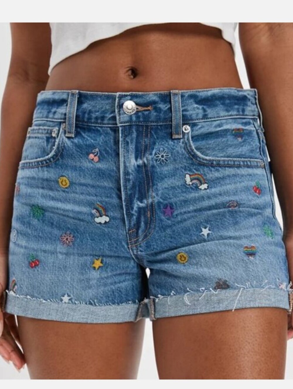 American Eagle AE Embroidered High Rise 90'S Denim Shorts 14